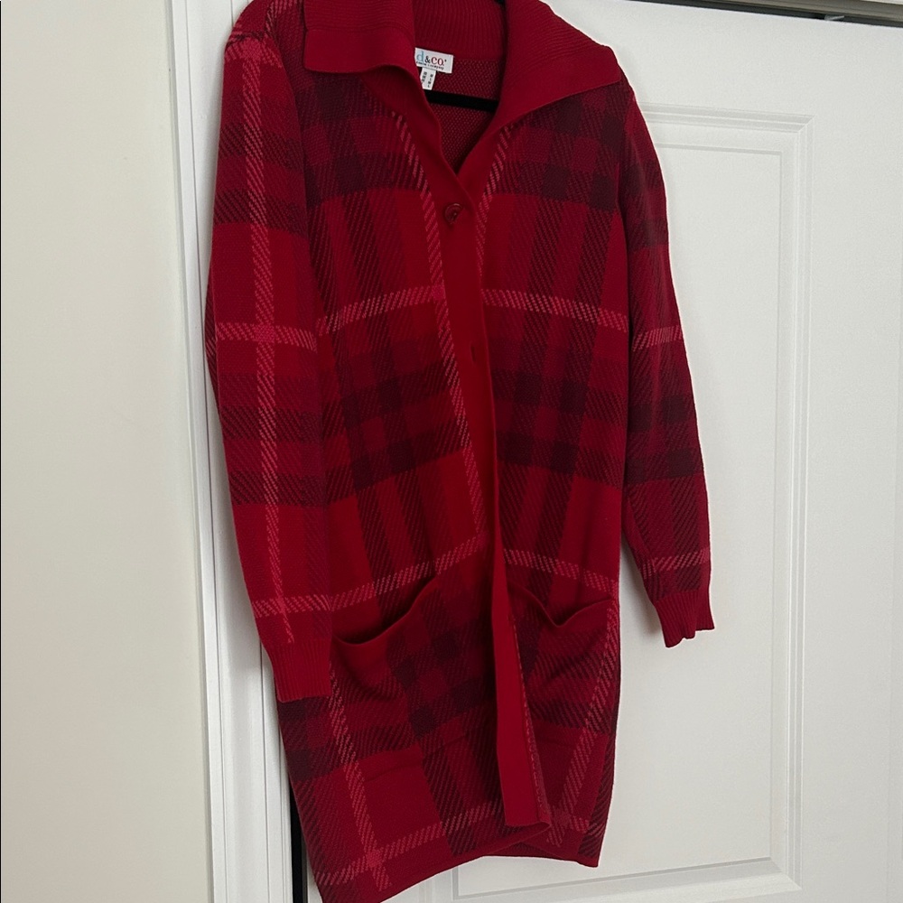 Denim&Co Red Plaid Long Cardigan Sweater
